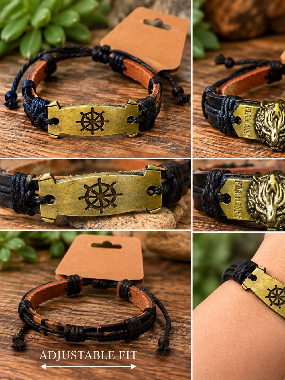 Men's Black Leather Captains Wheel Bracelet with Antique Style Brass Plate